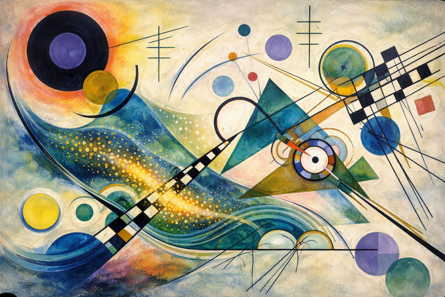 An abstract painting featuring a dynamic arrangement of geometric shapes and vibrant colours. A large black circle with a purple centre is positioned in the top left corner, accented by a smaller yellow circle overlapping it. Below, a wave-like pattern in shades of blue and green flows diagonally, strewn with small yellow dots. Intersecting lines in black and white checkerboard patterns cut across the composition. To the right, a complex pattern of circles, triangles, and squares in colours such as purple, green, orange, and red. Thin lines and arcs connect these elements, giving the impression of both chaos and harmony. The background is a textured blend of warm yellows and cooler blues.
